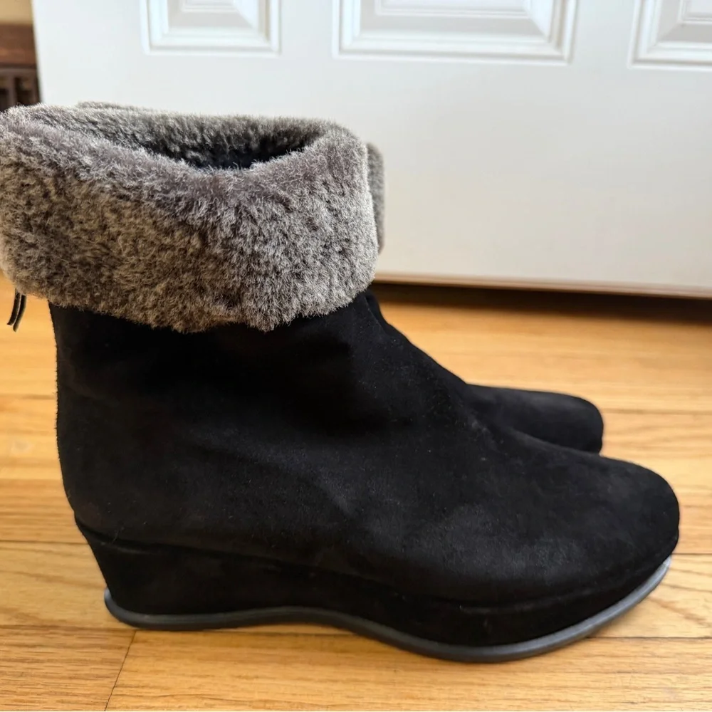 Stuart Weitzman Black Suede Wedge Boots with Fur Cuff